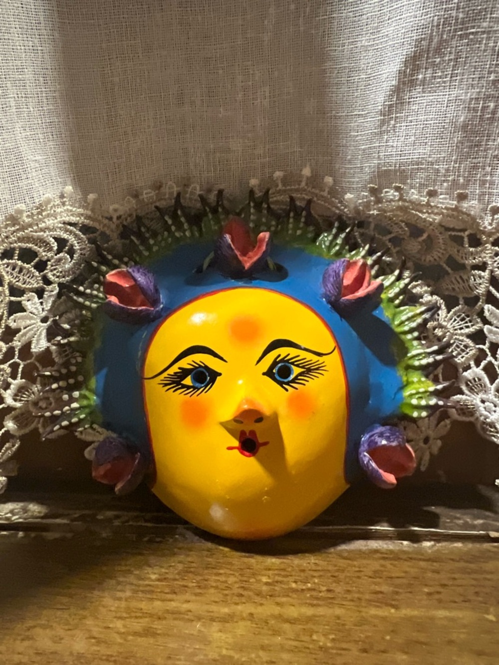 Handpainted Coconut Wall Decor in Bright Yellow and Blue